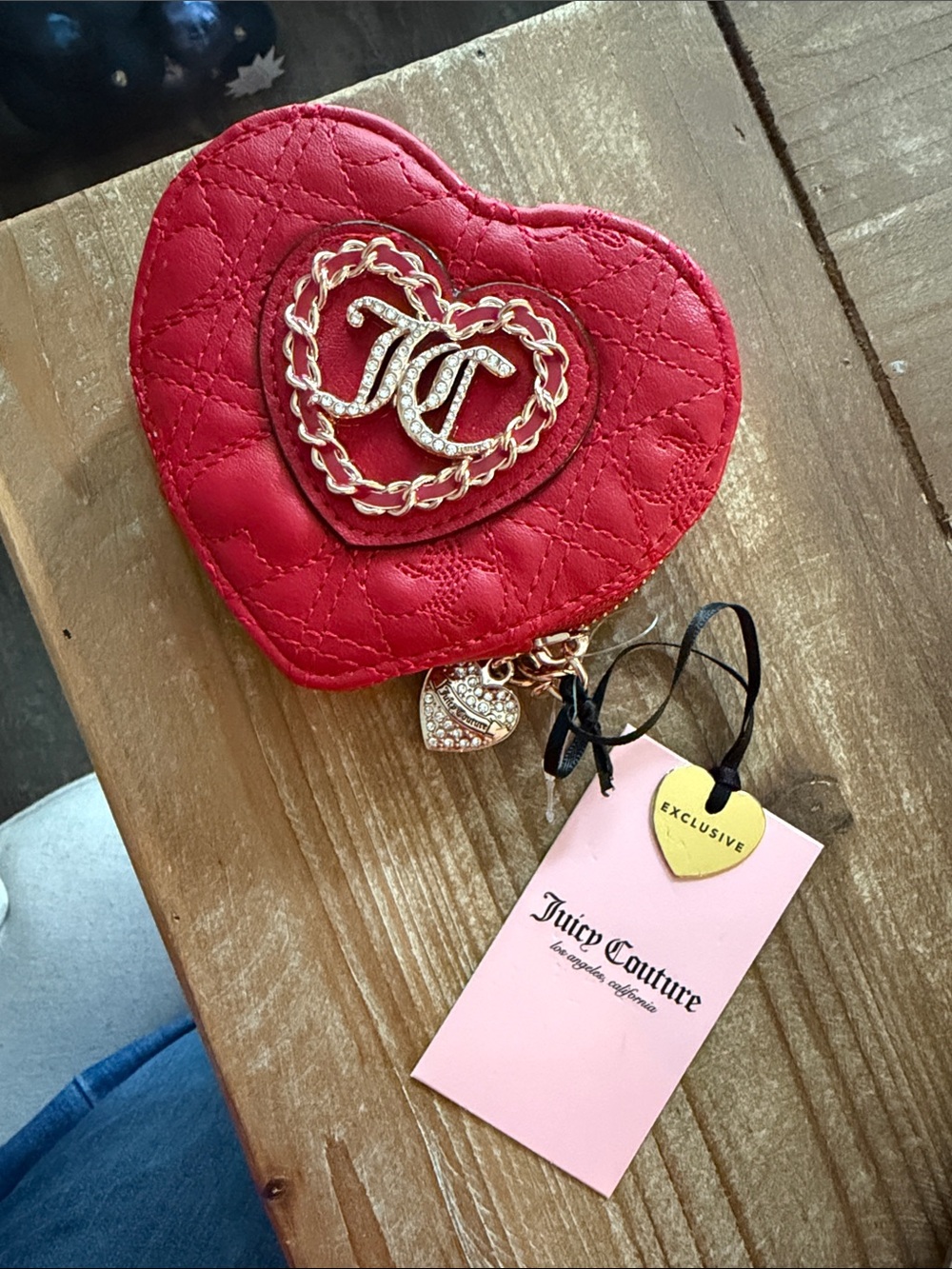 Juicy Couture Red Quilted Heart Mini Coin Purse with Gold Chain Accent